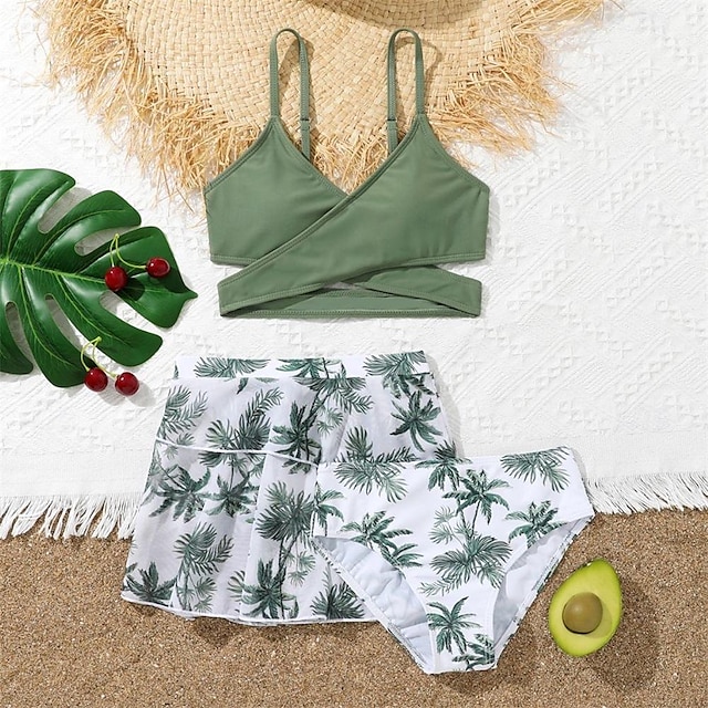  Driedelige set voor meisjeszwempakken, modieuze vakantiestrand- en zee-geprinte groene zandrokken