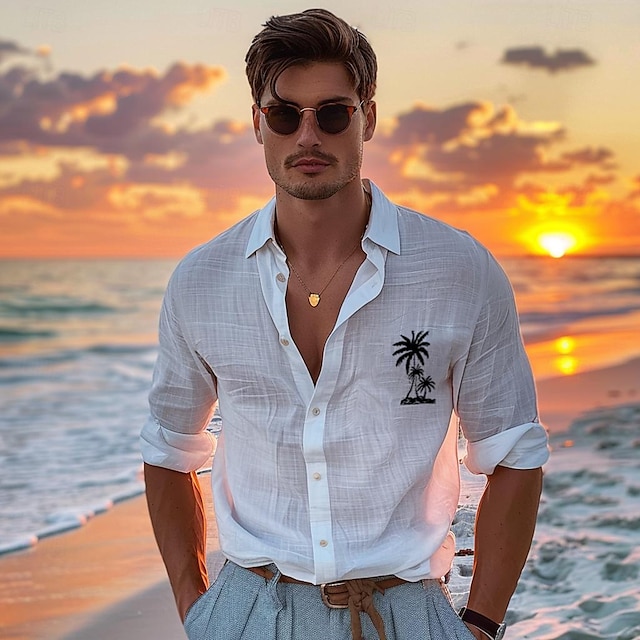  camisa masculina camisa de linho coqueiro havaiano moda casual camisa de botão diariamente férias havaianas primavera e outono lapela manga longa branca 55% linho 45% algodão camisa