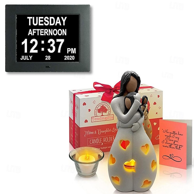  Women's Day Gifts Digital Dementia Clock Calendar Clock Day Date Clock Large Display Large Clear Unabbreviated Time And Date Candle Holder Statue W/Flickering Led Candle Mother's Day Gifts for MoM