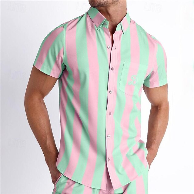Men's Shirt Summer Shirt Casual Shirt Beach Shirt Button Up Shirt Striped Shirts Pink Short Sleeve Striped Turndown Vacation Holiday Clothing Apparel Polyester Fashion Casual Comfortable3
