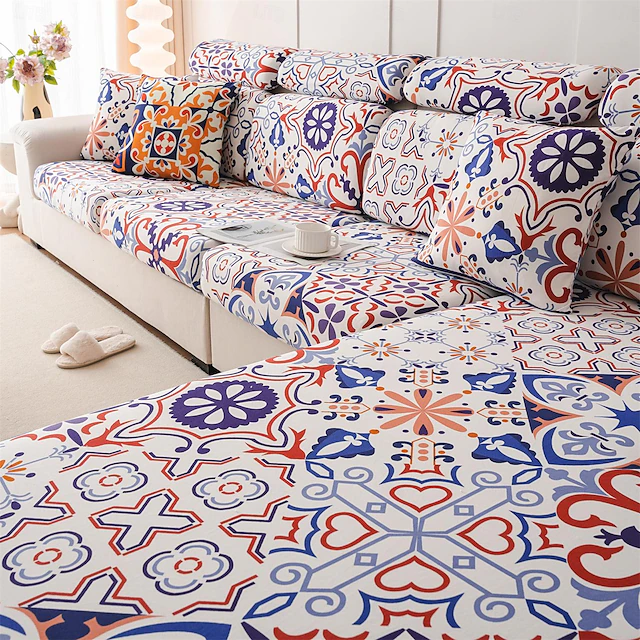 Bohemia Design Sofa Cover Stretch Sofa Seat Couch Cushion Slipcovers Boho Style, Anti-Slip Furniture Protector for Sectional 1/2/3/4 Seat Cover,L Shape Sofa Covers, Chaise Lounge Sofa Slipcover 21