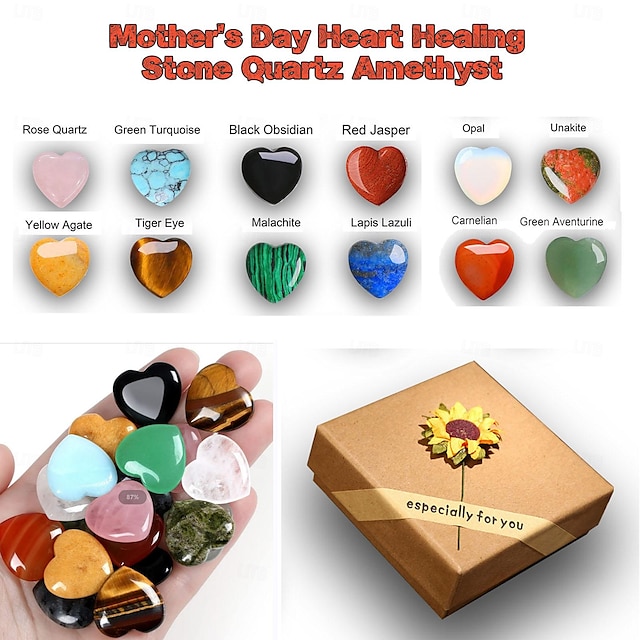 Mother's Day Crystal Stone Gift Box Featuring Rose Quartz, Purple Amethyst, Polished Love Stone, and Palm Natural Gemstones for a Timeless Expression of Love and Appreciation