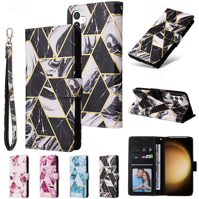  Phone Case For Samsung Galaxy S24 S23 S22 S21 Ultra Plus A54 A34 A14 Note 20 10 Wallet Case with Wrist Strap Kickstand Card Slot Marble TPU PU Leather