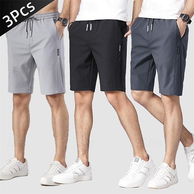  Multi Packs 3pcs Men's Dark Grey+Light Grey+Black Sweat Shorts Shorts Drawstring Elastic Waist Plain Daily Wear Vacation Polyester Spring & Summer