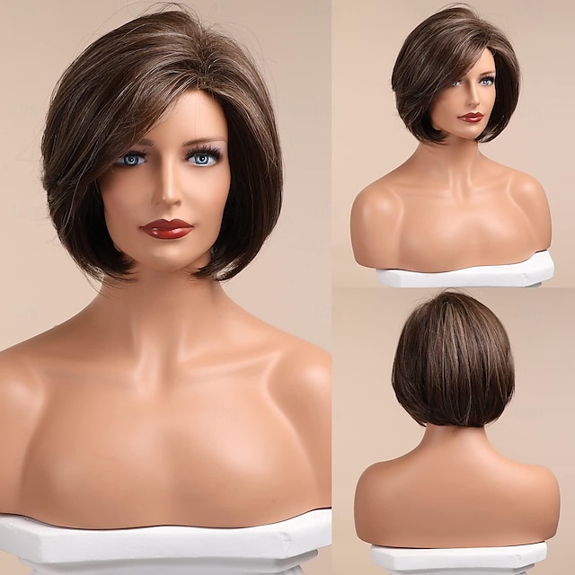  brun bob paryk kort hår parykker til kvinder fremhæve varmebestandig fiber syntetisk paryk naturligt udseende 10 tommer