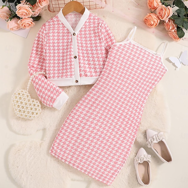  2 Pieces Kids Girls' Houndstooth Off Shoulder Dress & Coat Set Sleeveless Fashion School 7-13 Years Summer Pink