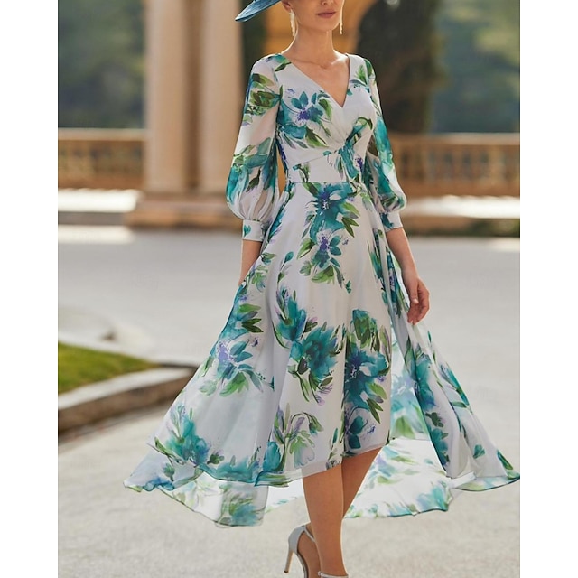  Свадебное платье трапеции для гостей формальное полуформальное элегантное платье с цветочным принтом v-образным вырезом чайной длины из шифона и полиэстера с рукавами 3/4 и цветком синее
