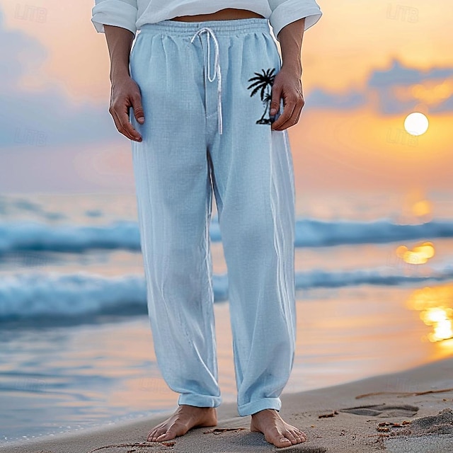  calças de linho masculinas 40% calças de linho calças de verão calças de praia com cordão cintura elástica perna reta coqueiro respirável comprimento total férias praia moda casual azul marrom