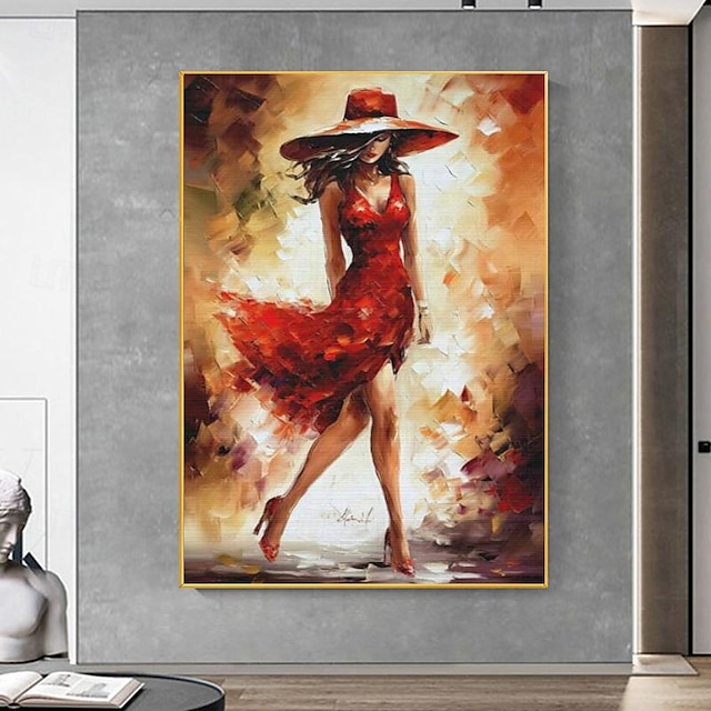  Pintura à mão senhora em vermelho dança pintura a óleo estilo arte pinturas em tela decoração de parede para sala de estar como presente exclusivo (sem moldura)