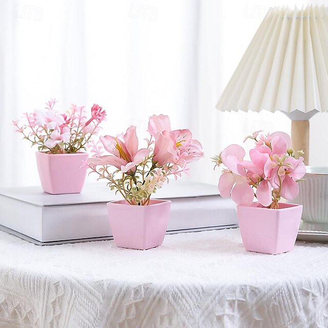  Ensemble de 3 mini pots de fleurs artificielles : roses décoratives, pivoines et hortensias parfaits pour la décoration festive toute l'année, les mariages, les fêtes, la maison, la chambre, le