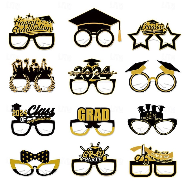  卒業式用のブラックとゴールドの卒業シーズンデコレーショングラス12個 - 写真小道具用のパーティー用品