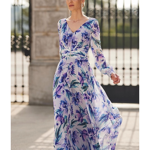  שמלת אם הכלה רשמית אורחת חתונה אלגנטית שמלה אלגנטית וינטג' צווארון V באורך קרסול שיפון פוליאסטר שרוולים ארוכים עם פרח מחורץ כחול שמלת אורח כלה 2024