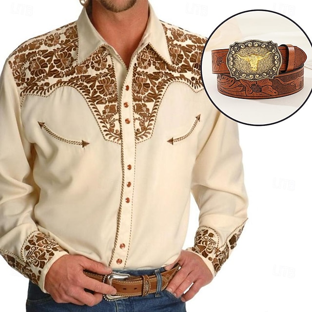  Classical Retro Vintage Blouse / Shirt Waist Belt West Cowboy Men's Embroidered Masquerade Dailywear Shirt