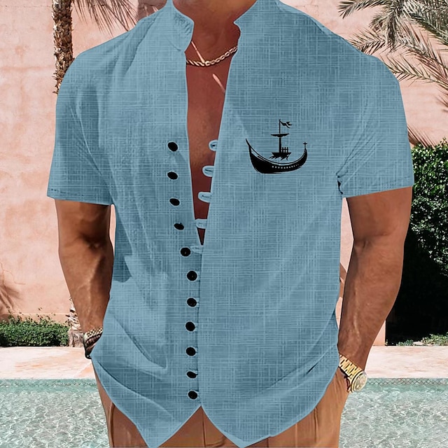  Sailboat  Men's Resort Hawaiian 3D Printed Shirt Holiday Daily Wear Vacation Summer Standing Collar Short Sleeves Blue Khaki Gray S M L