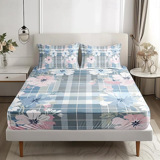  طقم ملاءات سرير بنمط ربيعي مخطط من القطن 100%، ملاءات سرير حريرية ناعمة للغاية قابلة للتنفس، ملاءات سرير بجيب عميق، 3 قطع مقاس كوين كينج