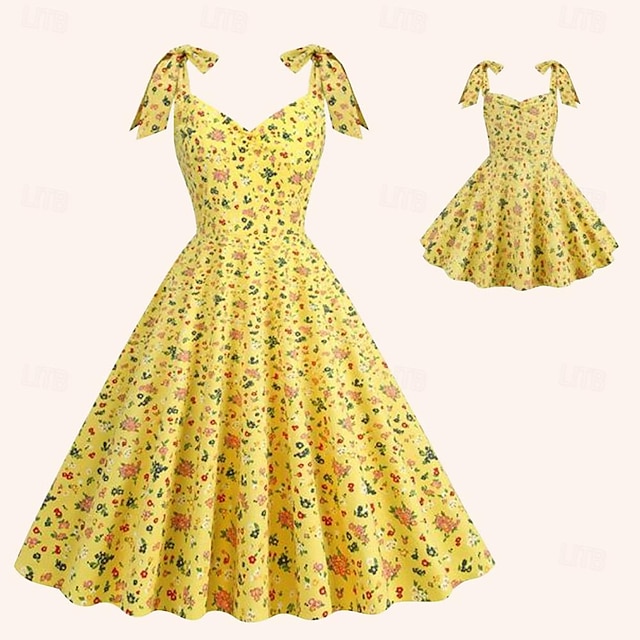  Retro Vintage 1950s Rockabilly Kleid A-Linie Kleid Swing-Kleid Damen Blumen Halloween Freizeitskleidung Kleid