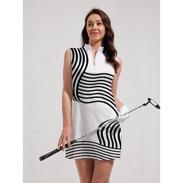  Women's Golf Dress White Sleeveless Stripes Ladies Golf Attire Clothes Outfits Wear Apparel