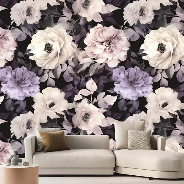  Cool Wallpapers Purple Vintage Flowers Wallpaper Wall Mural Roll Sticker Peel Stick Removable PVC/Vinyl Material Self Adhesive/Adhesive Required Wall Decor for Living Room Kitchen Bathroom