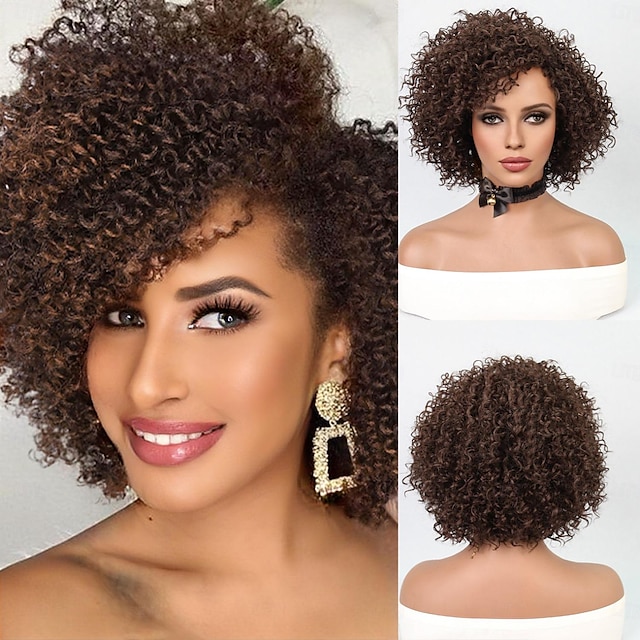  Synthetic Wig Afro Curly Bob Wig 10 inch Dark Brown Synthetic Hair Women's Dark Brown