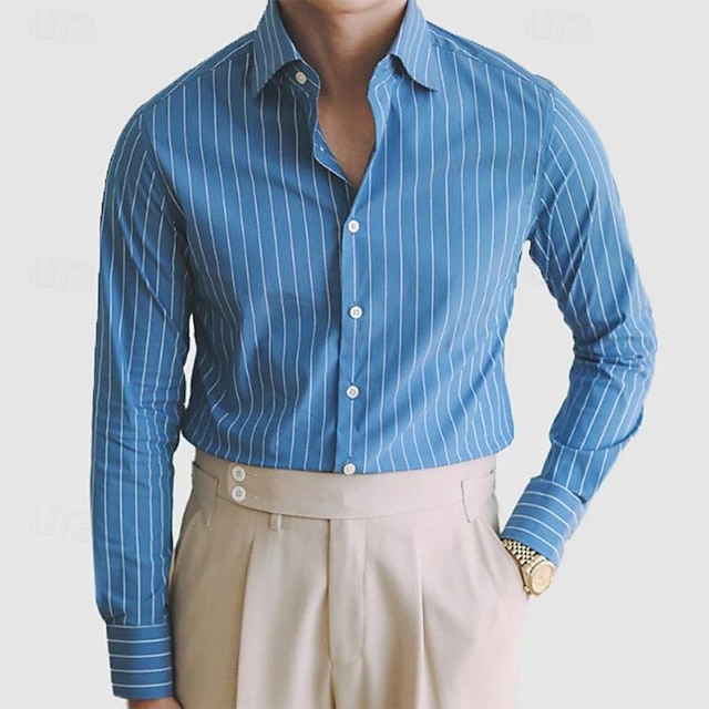  Herr Skjorta Knapp upp skjorta Casual skjorta Sommarskjorta Strandskjorta Blå Långärmad Randig Nedvikt Helgdag Semester Button-Down Kläder Mode Ledigt Bekväm
