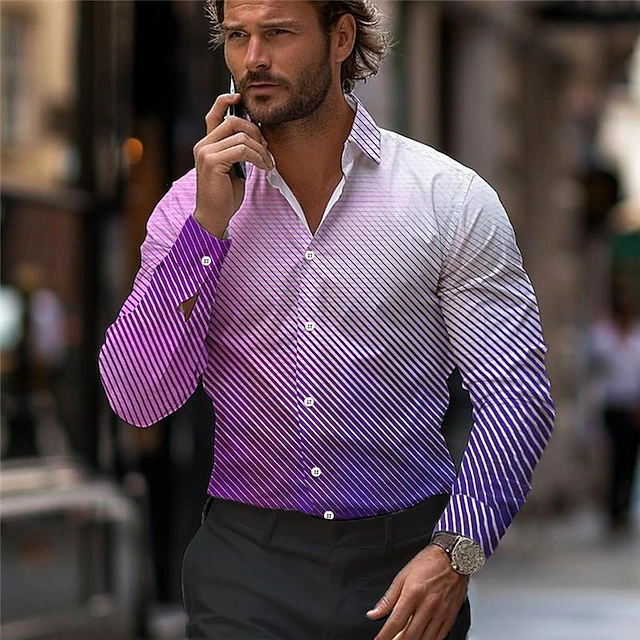 Men's Dress Shirt Printed Shirts Stripe Street Wear to work Blue Purple Long Sleeve Turndown Spring & Summer Clothing Apparel Print 6