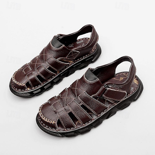  Men's PU Leather Sandals Fishermen Sandals Summer Sandals Sporty Casual Beach Outdoor Breathable Comfortable Slip Resistant Magic Tape Shoes Black Brown