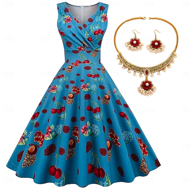  Floral Cherry Vintage Dress Sleeveless Swing Dress with Necklace Earings 4 PCS 1950s 1960s Rockbility Retro Vintage Dress Women's Outfits Spring Summer Daily Tea Party Costume