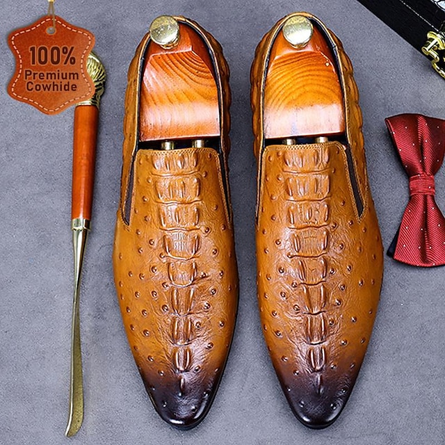 Men's Embossed Ostrich Leather Slip-On Loafers – Premium Brown Formal Dress Shoes, Lightweight and Comfortable for Business or Casual Wea 8