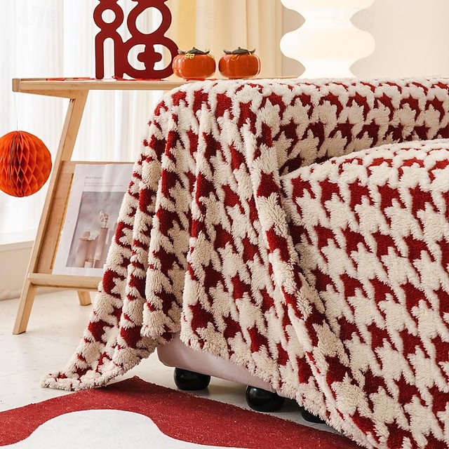  přikrývky na pohovku a postel,měkká útulná přikrývka na pohovku se žakárem houndstooth,dekorativní přikrývky a přehozy, červená teplá sametová přikrývka na svatbu