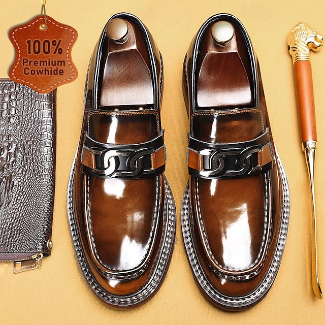  mænds vintage brune læder loafers metalspænde