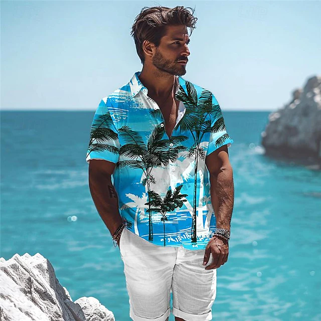 Men's Palm Tree Tropical Plants Shirt Summer Hawaiian Shirt Aloha Shirt Short Sleeve Shirt Turndown Vacation Hawaiian Outdoor Vacation Hawaiian Blue Orange S M L 6