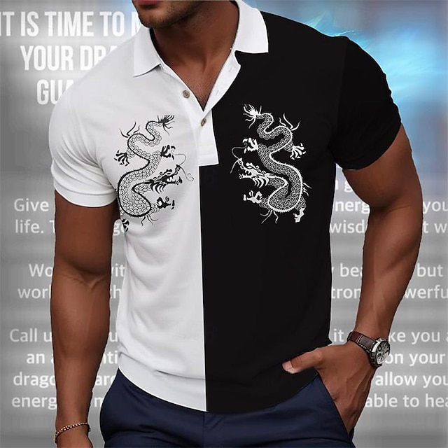  Dragon Guardian x LU | Men's Dragon Loong Mythical Creature Dark Style Streetwear Polo Short Sleeves
