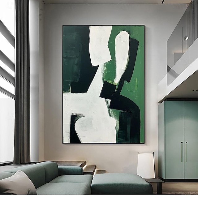  لوحة زيتية مصنوعة يدويًا من القماش لتزيين الجدران، شخصية تجريدية باللون الأخضر والأبيض لديكور المنزل، لوحة ملفوفة بدون إطار وغير ممتدة