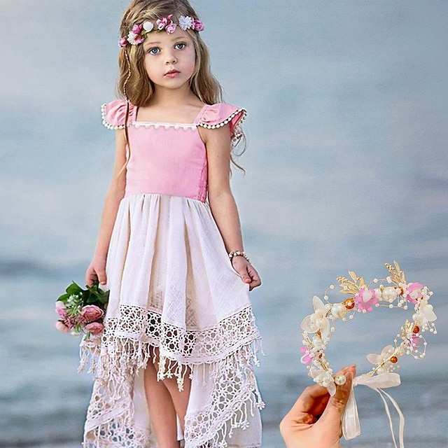  dětské šaty pro holčičky ležérní princezna barevný blok střapec řasený asymetrický červenající se růžové prázdninové boho šaty letní s princeznovskou věnečkem čelenka