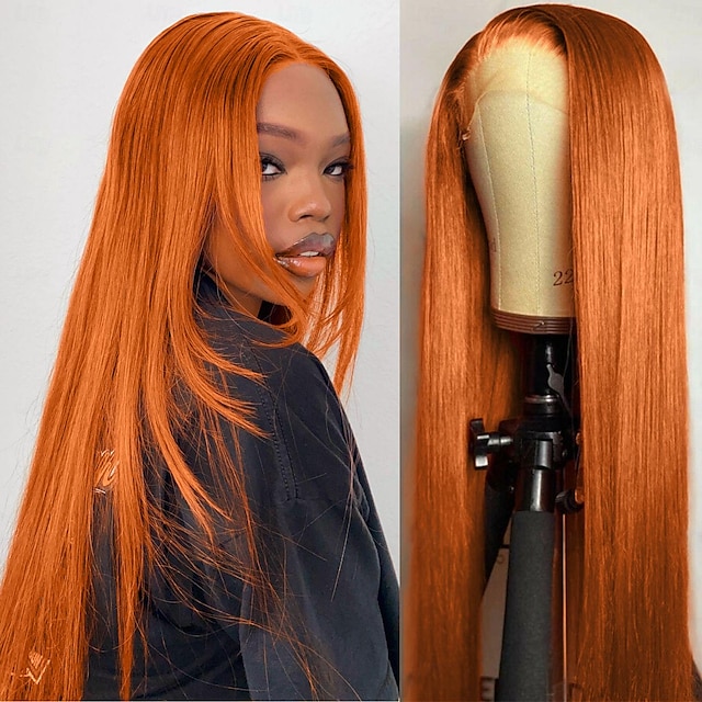  Cabello humano 13x4 peluca frontal de encaje parte libre cabello brasileño cabello liso 130%/150%/180% densidad con pelo de bebe pre-arrancado para mujeres cabello humano largo color naranja jengibre