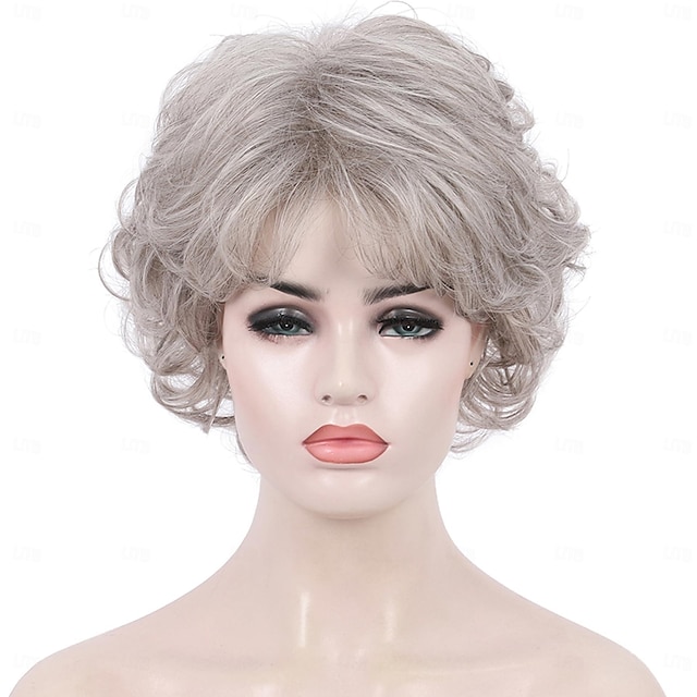  Sliver Grey Short Curly Wigs with Hair Bangs for Women Heat Resistant Natural luster Synthetic 70s Look Full Hair Wigs for Women