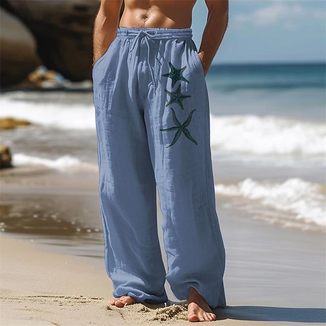 Men's Starfish Linen Pants Pants Trousers Baggy Pants Mid Waist Vintage Outdoor Daily Wear Streetwear Side Pockets Elastic Drawstring Design White Blue Green 6