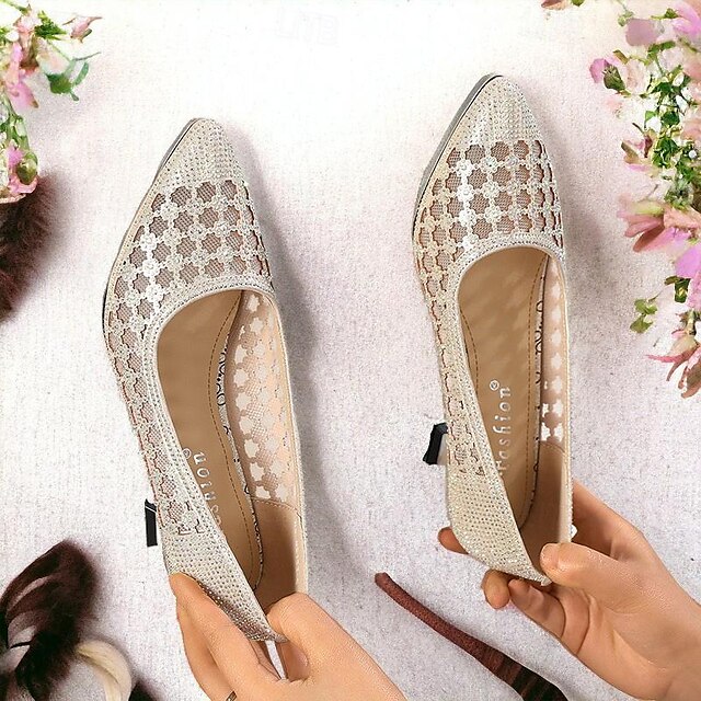 Women's Heels Wedding Shoes Party Rhinestone Kitten Heel Low Heel Pointed Toe Elegant Microbial Leather Loafer Silver Black Gold