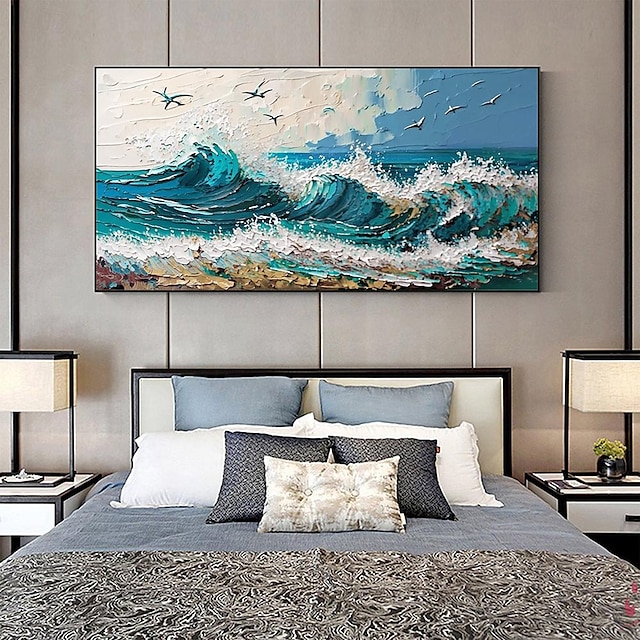  abstrakcyjny obraz olejny z białą falą na płótnie ręcznie malowany obraz błękitnego oceanu duży obraz ścienny do salonu wystrój domu niestandardowy teksturowany obraz z pejzażem morskim