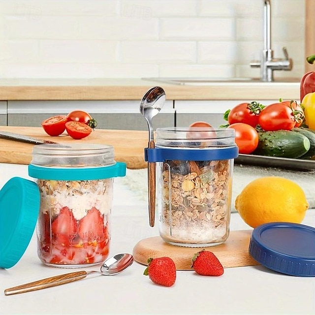  1pc Portable Mason Glass Breakfast Cups with Sealable Lids and Spoons - Versatile for Oatmeal, Yogurt, Salads