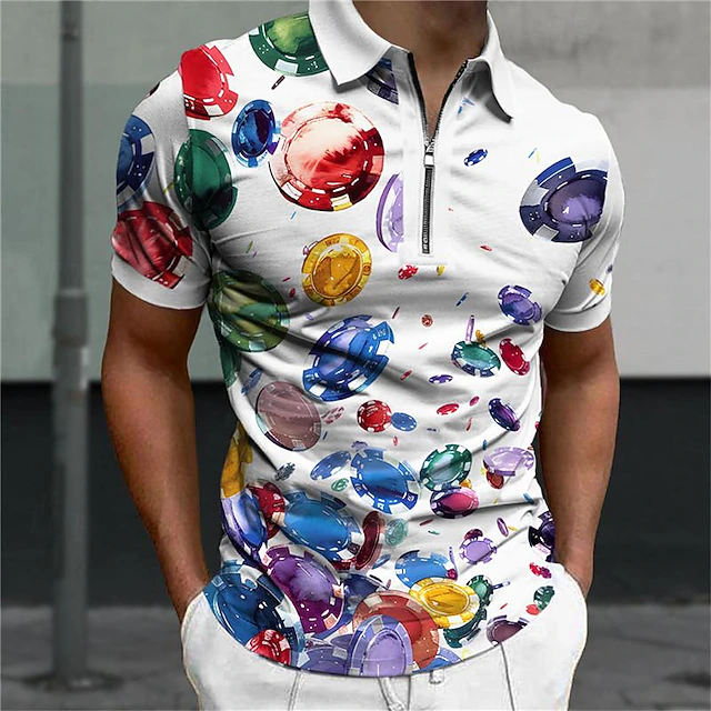 Men's Hawaiian Polo Shirts Golf Shirt Short Sleeve Polo Shirts Collared Shirts Casual Beach Wear Vacation Wear Tropical Wear Party Outfits 3D Print Quarter Zip Polo Summer White Khaki 5