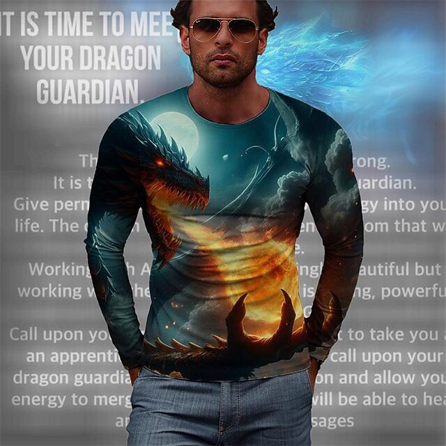 Men's Graphic Dragon T Shirt Long Sleeve T shirt 3D Print Crew Neck Shirt Fashion Designer Casual Sports Outdoor Holiday Going out Blue Dark Blue Spring &  Fall Clothing Apparel S M L XL 2XL 3XL4