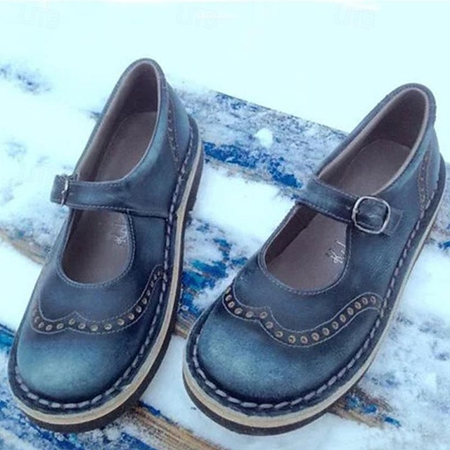  Dames Sandalen Bullock Shoes Buiten Dagelijks Platte hak Ronde Teen Vintage Klassiek Imitatieleer Enkelriempje Blauw Donkergroen Groen
