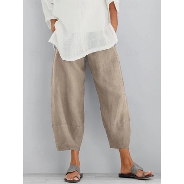  Γυναικεία Παντελόνια Μείγμα Λινό / Βαμβάκι Πλαϊνές τσέπες Μέχρι τον αστράγαλο Μαύρο Ανοιξη καλοκαίρι