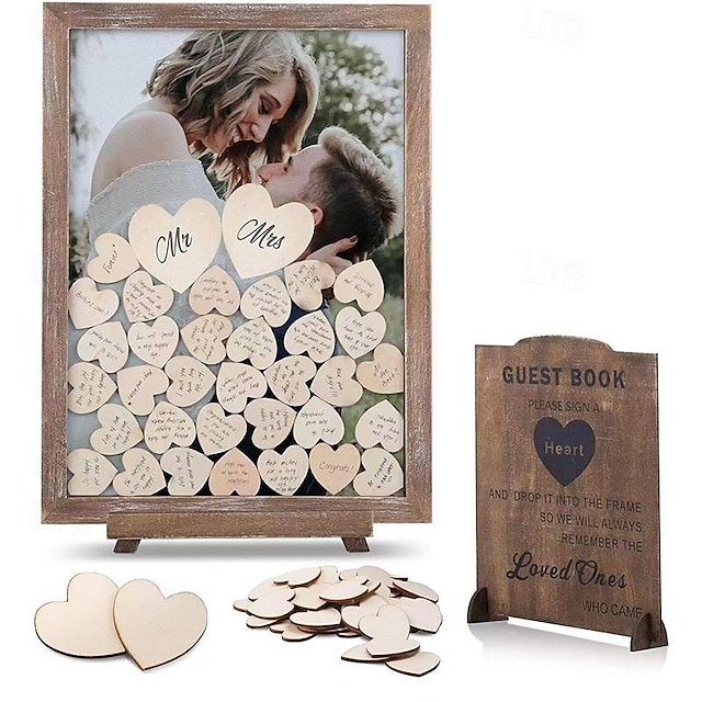  Décoration de mariage, artisanat en bois, cadres photo, dessus de table, ornements en bois, cœurs carrés, livre de connexion