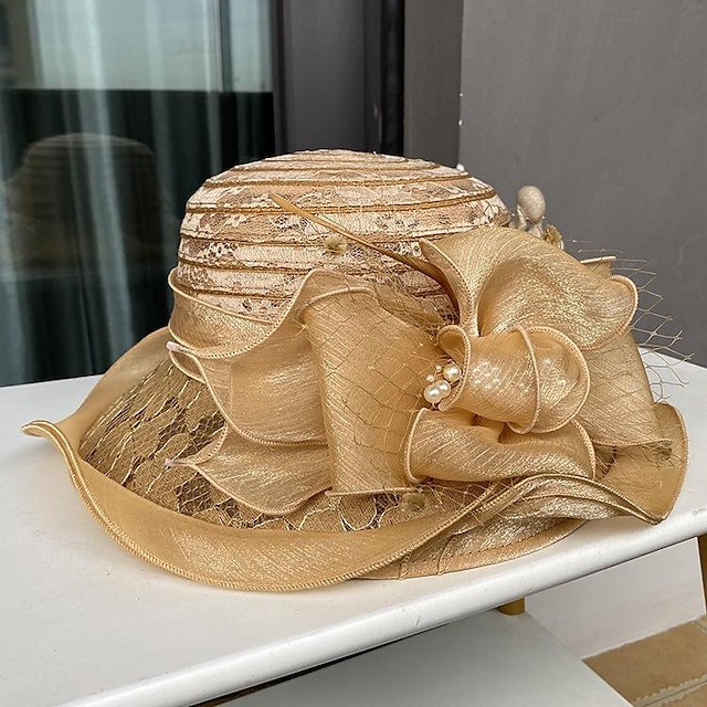  fascinators hoed Hoofdkleding Polyesteri Zomerhoed Slappe hoed Strohoed Casual Feestdagen Elegant Vintage Met Veer Nep Parel Helm Hoofddeksels
