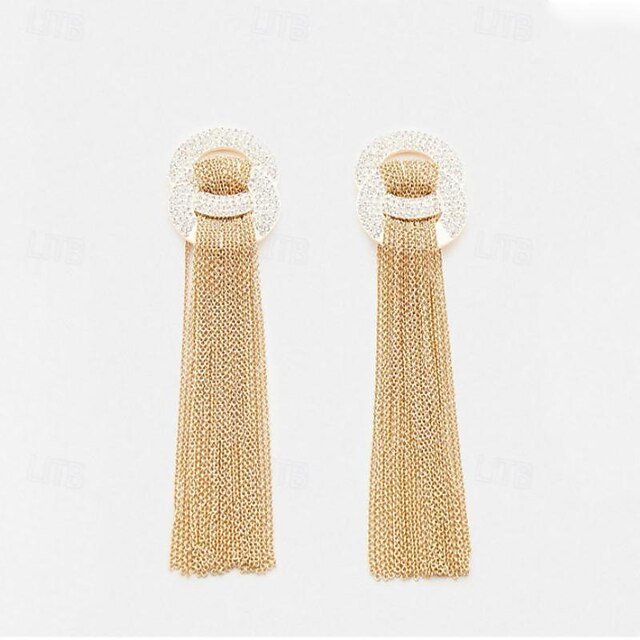  Women's Hoop Earrings Tassel Fringe Precious Statement Imitation Diamond Earrings Jewelry Gold For Party Club 1 Pair