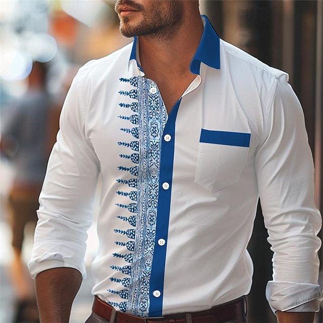  ورد عرقي عمل يومي رجالي قمصان مطبوعة ارتداء للعمل مناسب للبس اليومي ملابس الشارع للربيع والصيف طوي كم طويل أسود, أبيض S, M, L 4-طريقة سترتش النسيج قميص