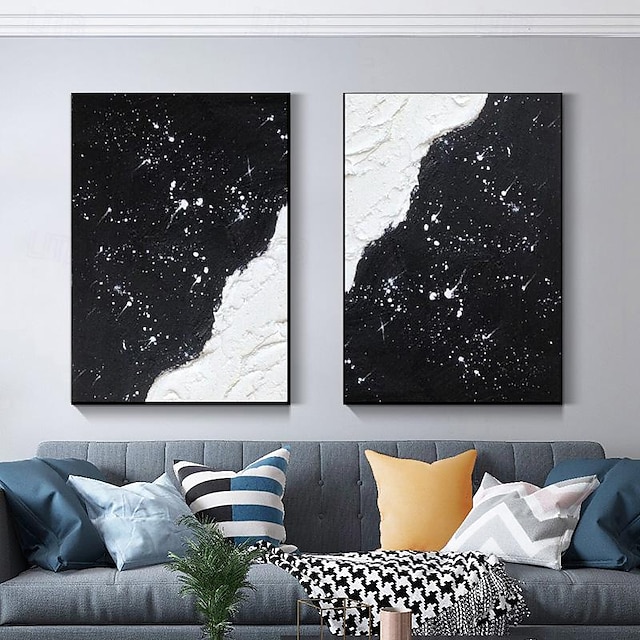  ציור מופשט גדול לבן ושחור מצויר ביד סט ציור במרקם תלת מימד של 2 ציור מופשט מינימליסטי שחור לבן מוכן לתליה