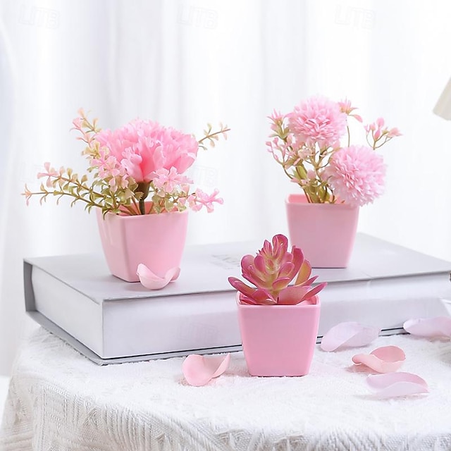  Ensemble de 3 mini pots de fleurs artificielles : roses décoratives, pivoines et hortensias parfaits pour la décoration festive toute l'année, les mariages, les fêtes, la maison, la chambre, le